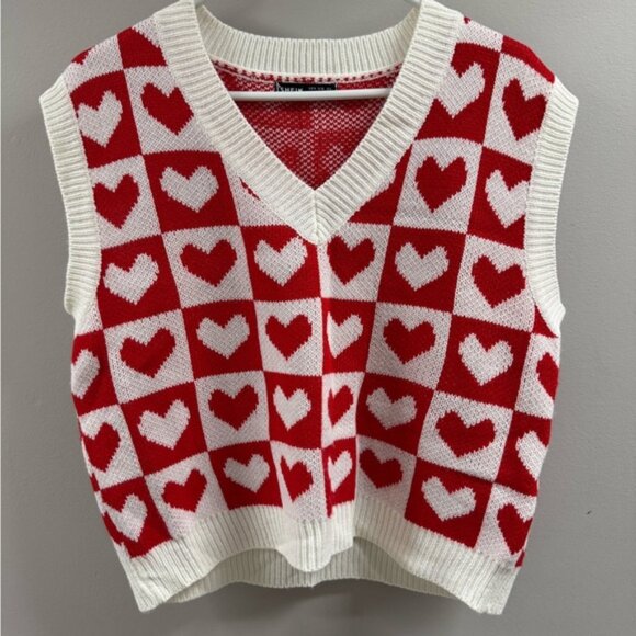 SHEIN V-Neck Sweater Vest with Red and White Heart Design - Picture 1 of 3